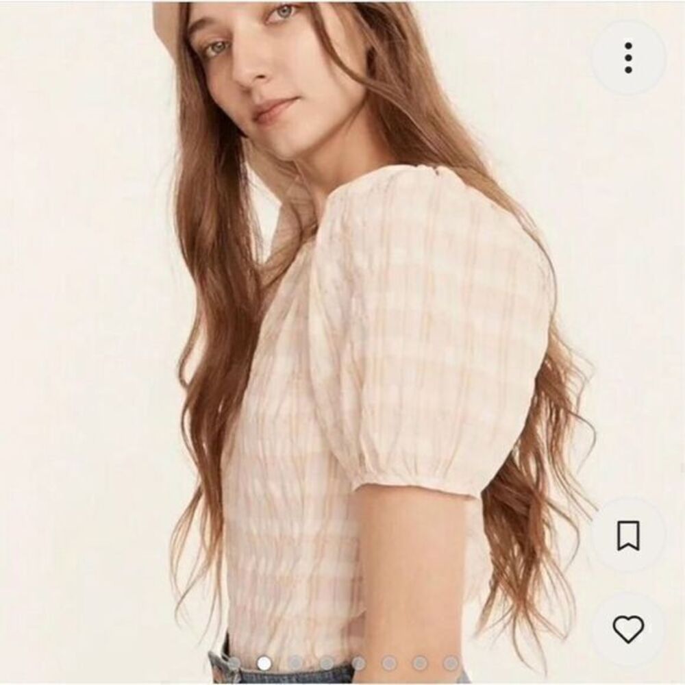 J. Crew Women V-back Puff Short Sleeve Gingham Top Tan White Plaid NWT sz 22